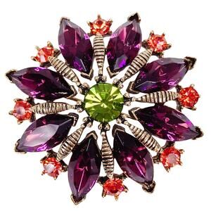 Signed Graziano Jewel Tone Green Purple Rhinestone Floral Brooch 1980s Gold Tone
